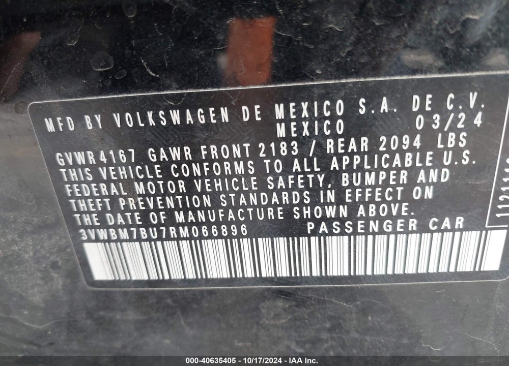 2024 VOLKSWAGEN JETTA VIN: 3VWBM7BU7RM066896