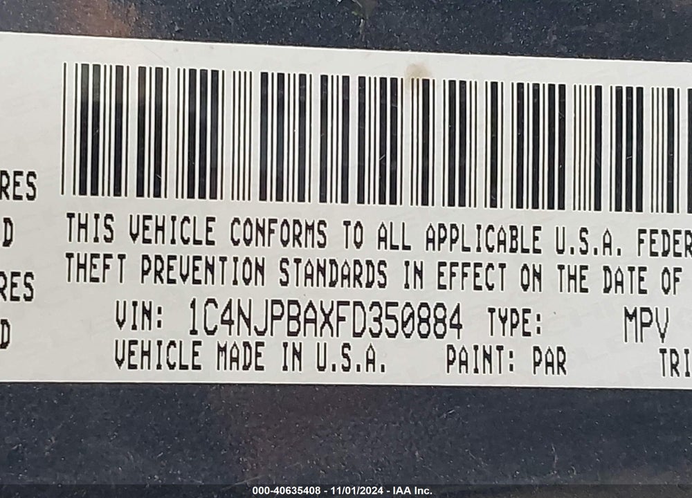 2015 JEEP PATRIOT ALTITUDE EDITION VIN: 1C4NJPBAXFD350884