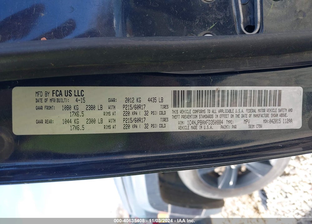2015 JEEP PATRIOT ALTITUDE EDITION VIN: 1C4NJPBAXFD350884