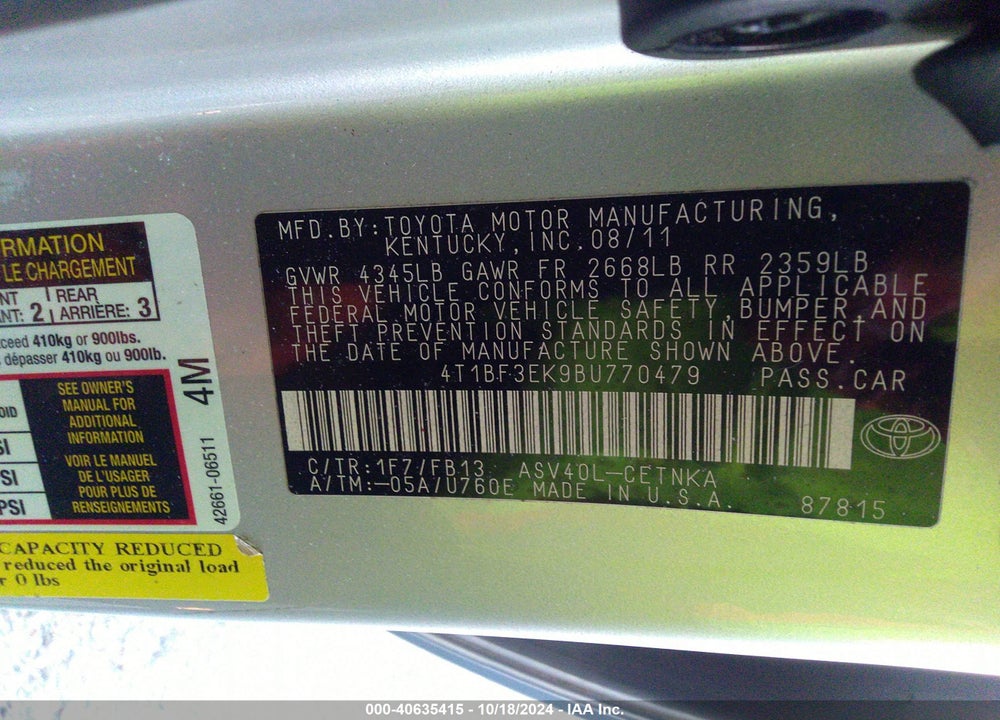 2011 TOYOTA CAMRY LE VIN: 4T1BF3EK9BU770479