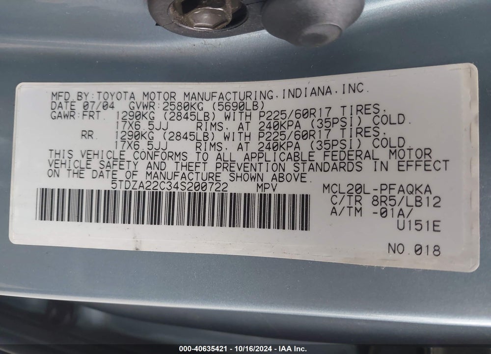 2004 TOYOTA SIENNA XLE LIMITED VIN: 5TDZA22C34S200722