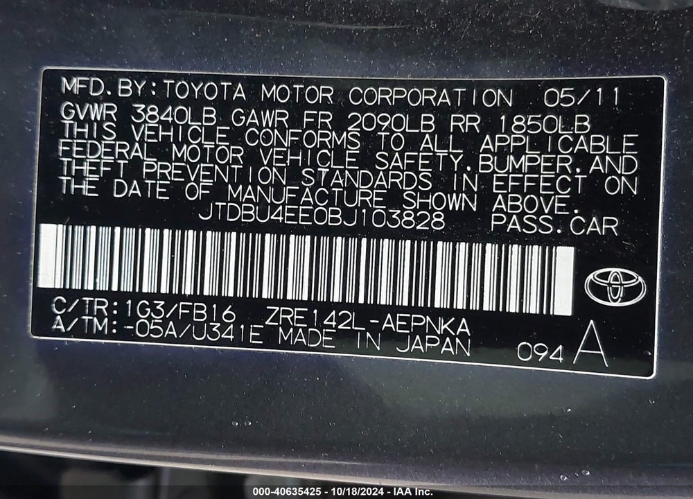 2011 TOYOTA COROLLA LE VIN: JTDBU4EE0BJ103828