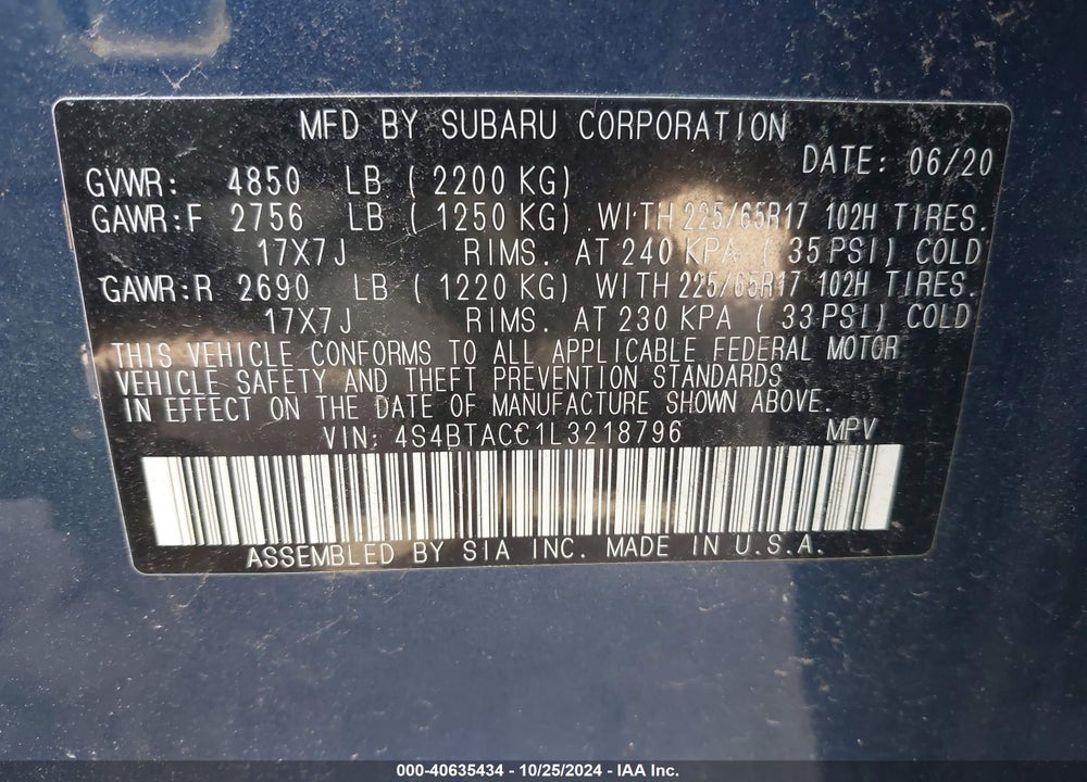 2020 SUBARU OUTBACK VIN: 4S4BTACC1L3218796