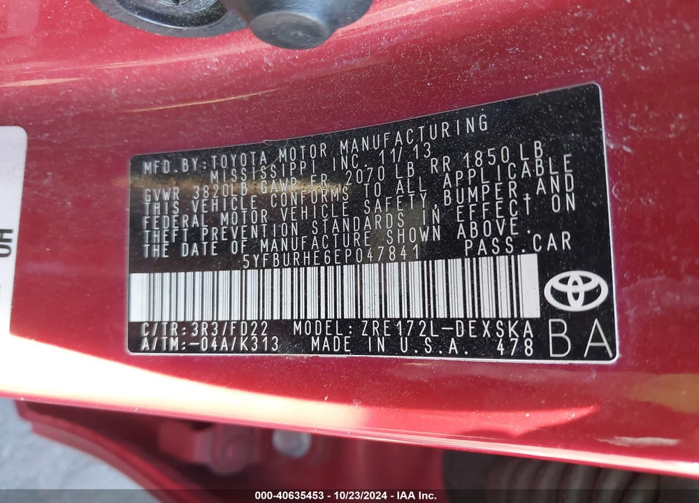 2014 TOYOTA COROLLA S PLUS VIN: 5YFBURHE6EP047841