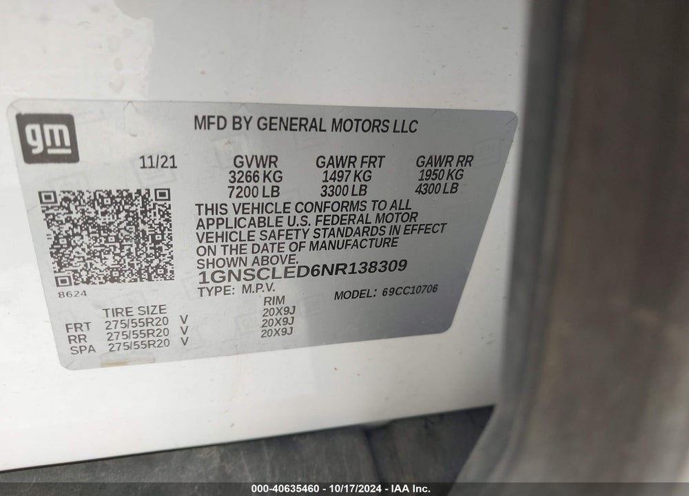 2022 CHEVROLET TAHOE 2WD COMMERCIAL FLEET VIN: 1GNSCLED6NR138309