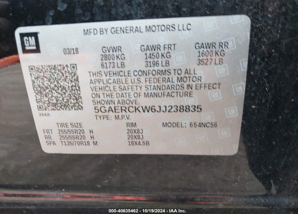 2018 BUICK ENCLAVE PREMIUM VIN: 5GAERCKW6JJ238835