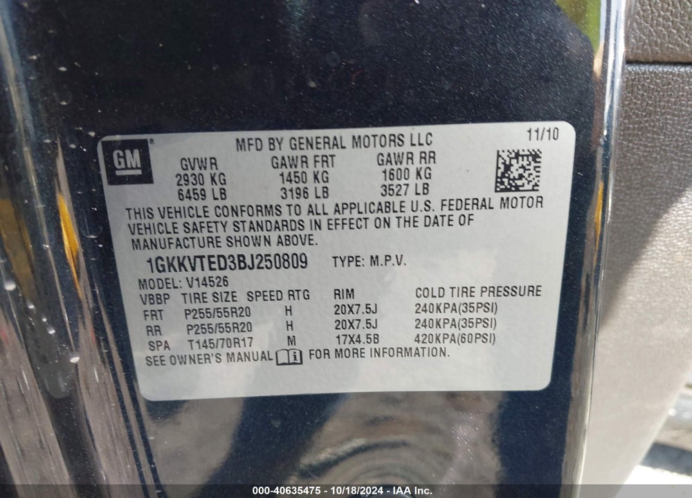 2011 GMC ACADIA DENALI VIN: 1GKKVTED3BJ250809