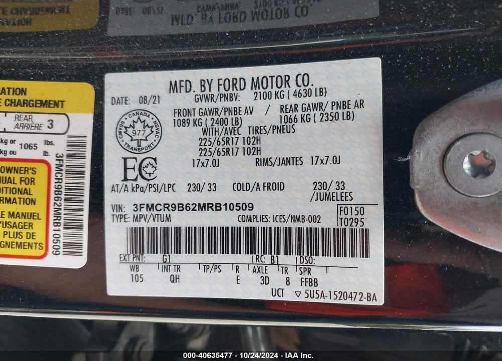 2021 FORD BRONCO SPORT BIG BEND VIN: 3FMCR9B62MRB10509