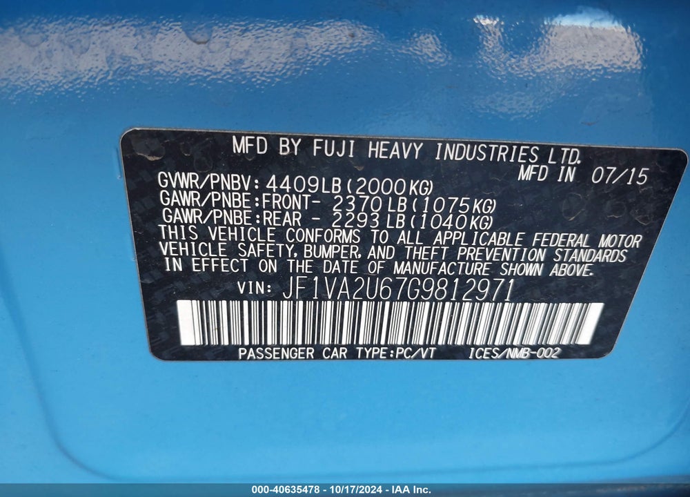 2016 SUBARU WRX STI SERIES.HYPERBLUE VIN: JF1VA2U67G9812971
