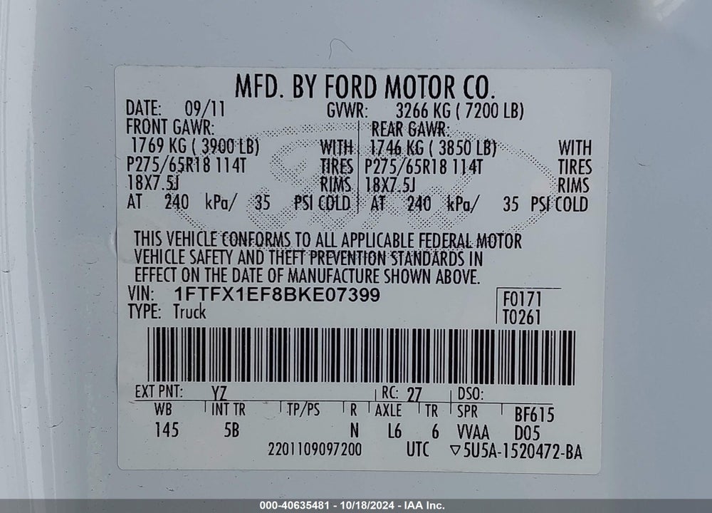 2011 FORD F-150 FX4 VIN: 1FTFX1EF8BKE07399