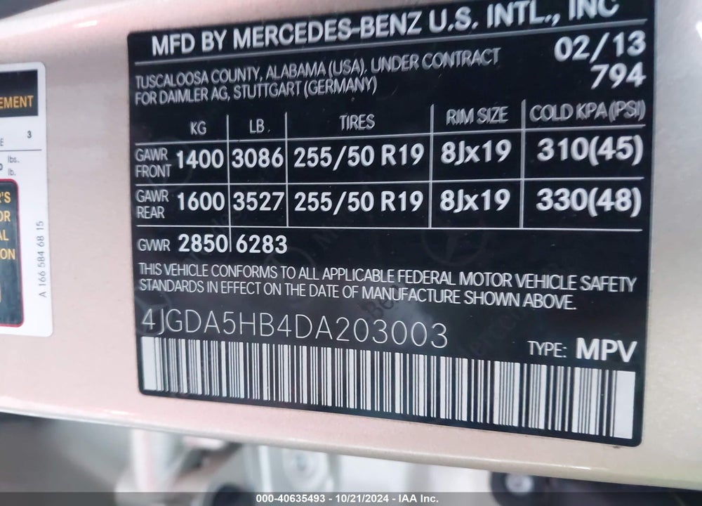 2013 MERCEDES-BENZ ML 350 4MATIC VIN: 4JGDA5HB4DA203003