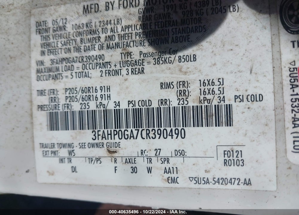 2012 FORD FUSION S VIN: 3FAHP0GA7CR390490