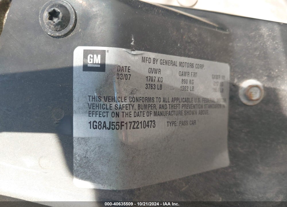2007 SATURN ION 2 VIN: 1G8AJ55F17Z210473