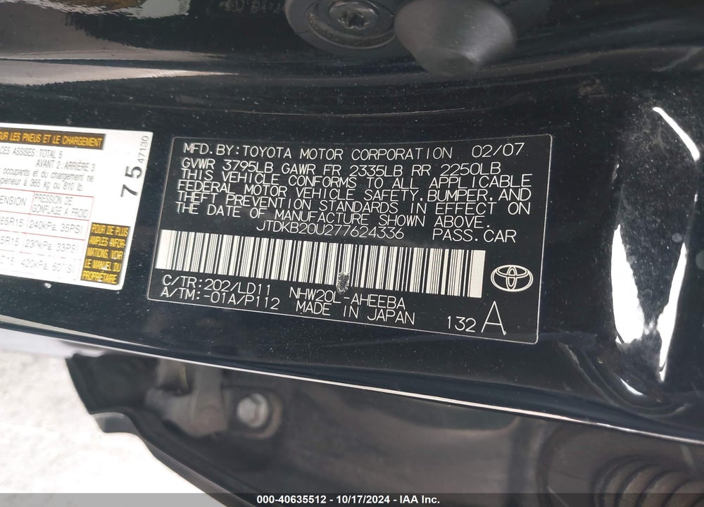 2007 TOYOTA PRIUS VIN: JTDKB20U277624336