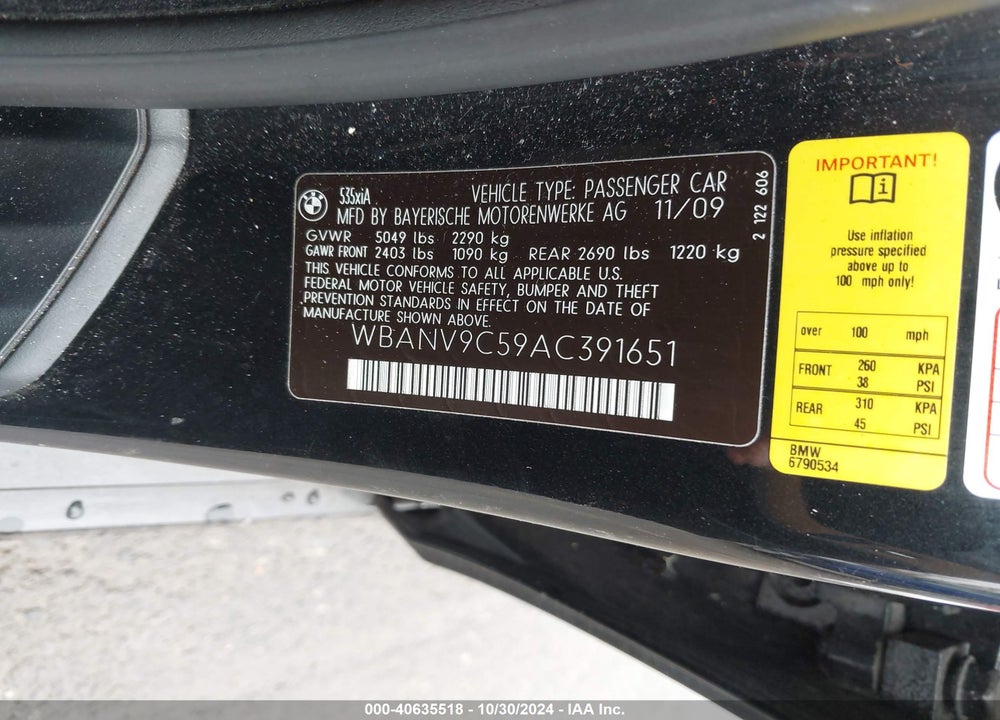 2010 BMW 535I XDRIVE VIN: WBANV9C59AC391651