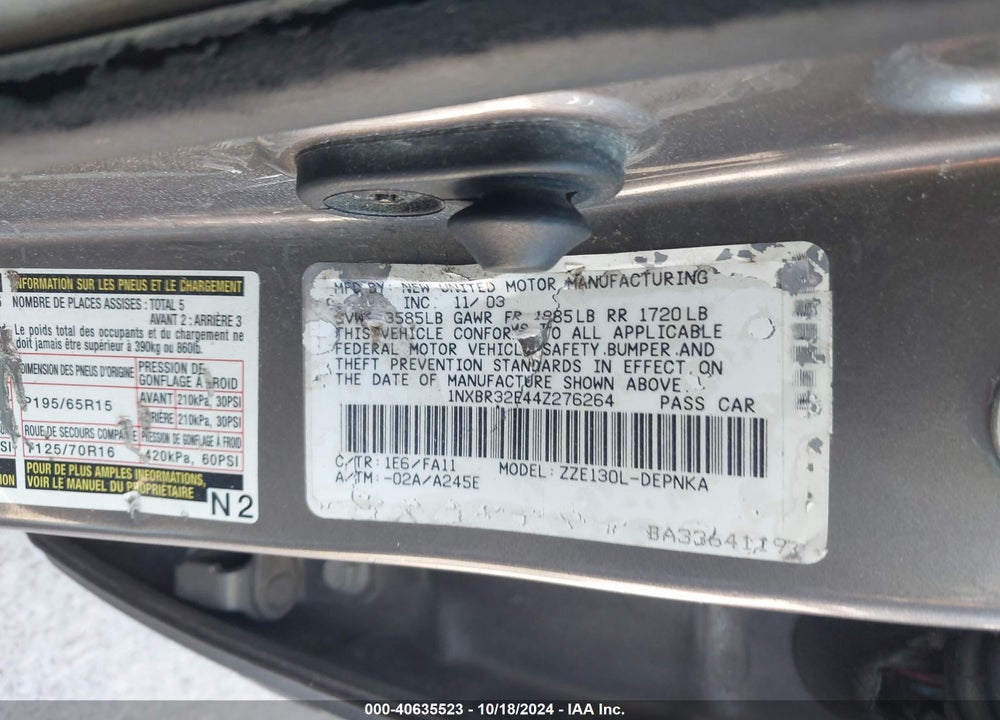 2004 TOYOTA COROLLA LE VIN: 1NXBR32E44Z276264
