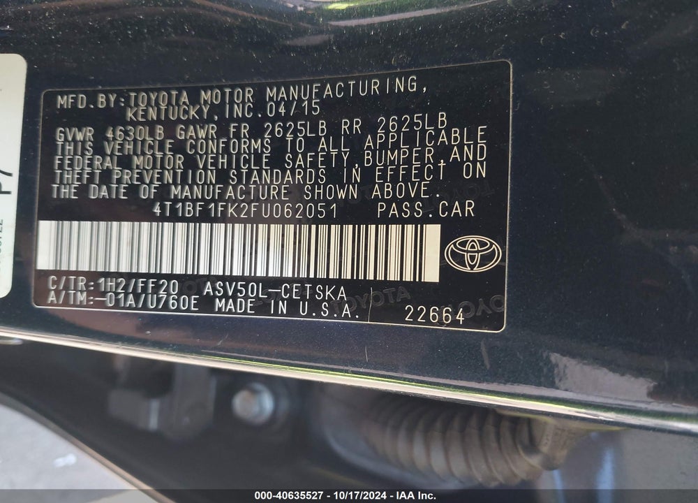 2015 TOYOTA CAMRY SE VIN: 4T1BF1FK2FU062051