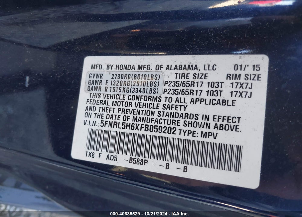 2015 HONDA ODYSSEY EX-L VIN: 5FNRL5H6XFB059202