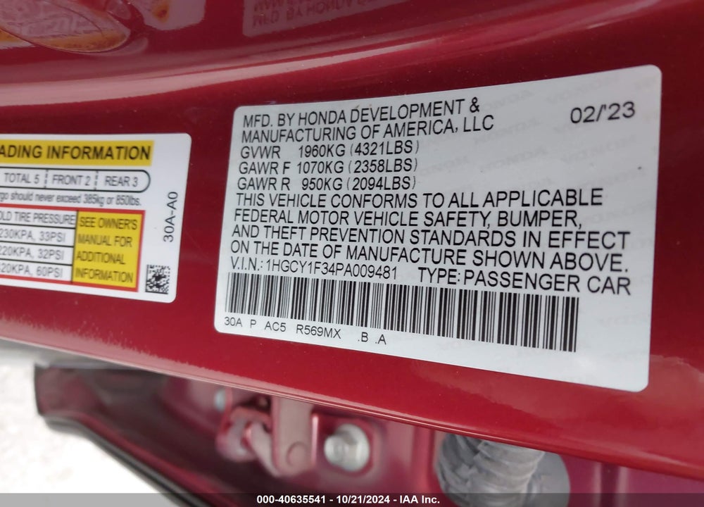 2023 HONDA ACCORD VIN: 1HGCY1F34PA009481