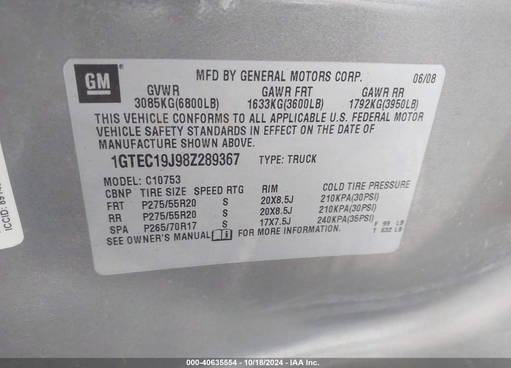 2008 GMC SIERRA 1500 SLE1 VIN: 1GTEC19J98Z289367