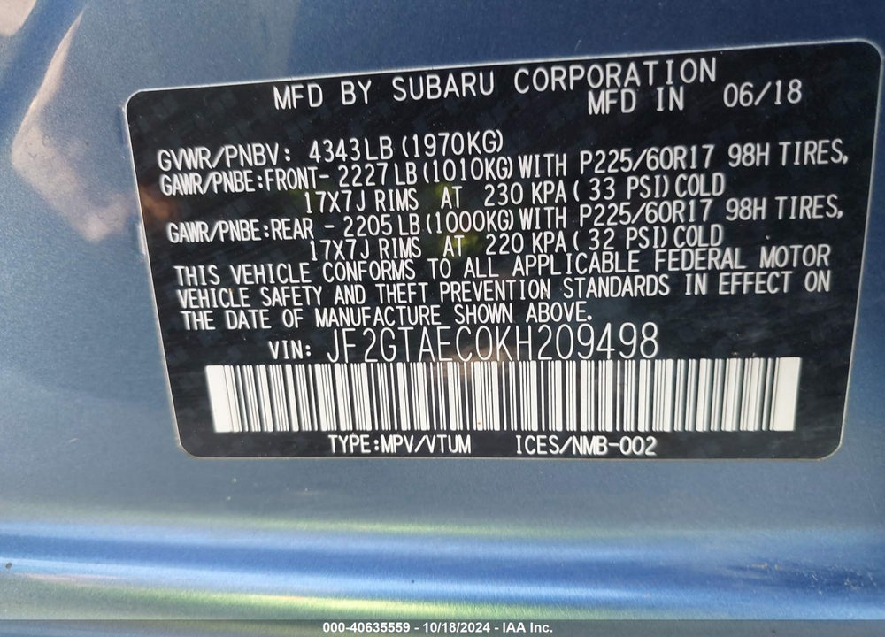 2019 SUBARU CROSSTREK 2.0I PREMIUM VIN: JF2GTAEC0KH209498