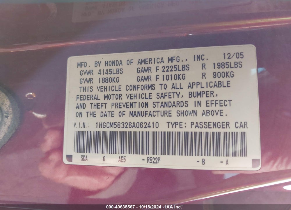 2006 HONDA ACCORD 2.4 SE VIN: 1HGCM56326A062410