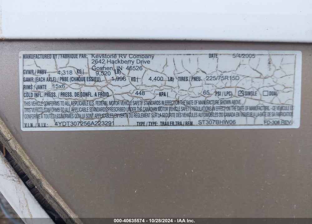 2006 KEYSTONE TRAILER VIN: 4YDT307256A223291