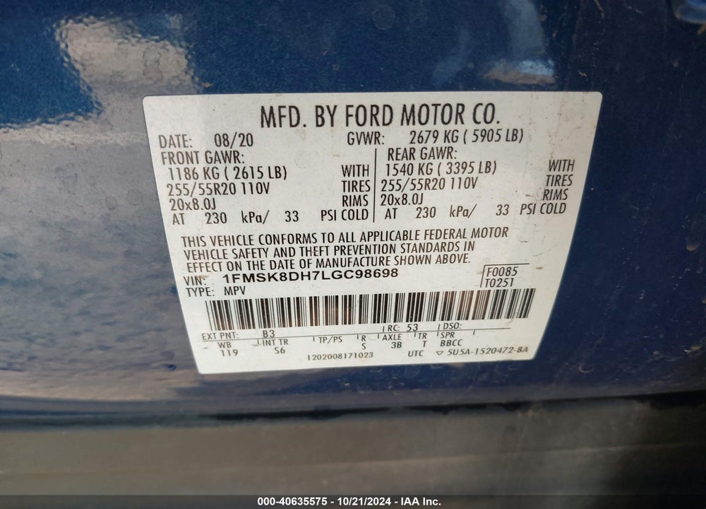 2020 FORD EXPLORER XLT VIN: 1FMSK8DH7LGC98698