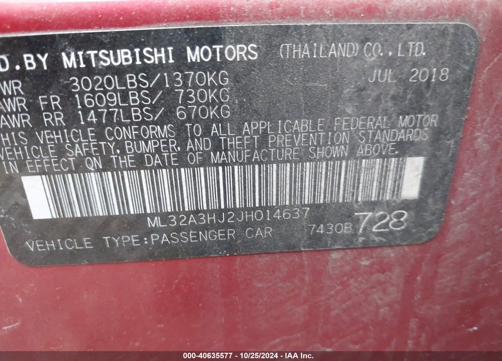 2018 MITSUBISHI MIRAGE ES VIN: ML32A3HJ2JH014637