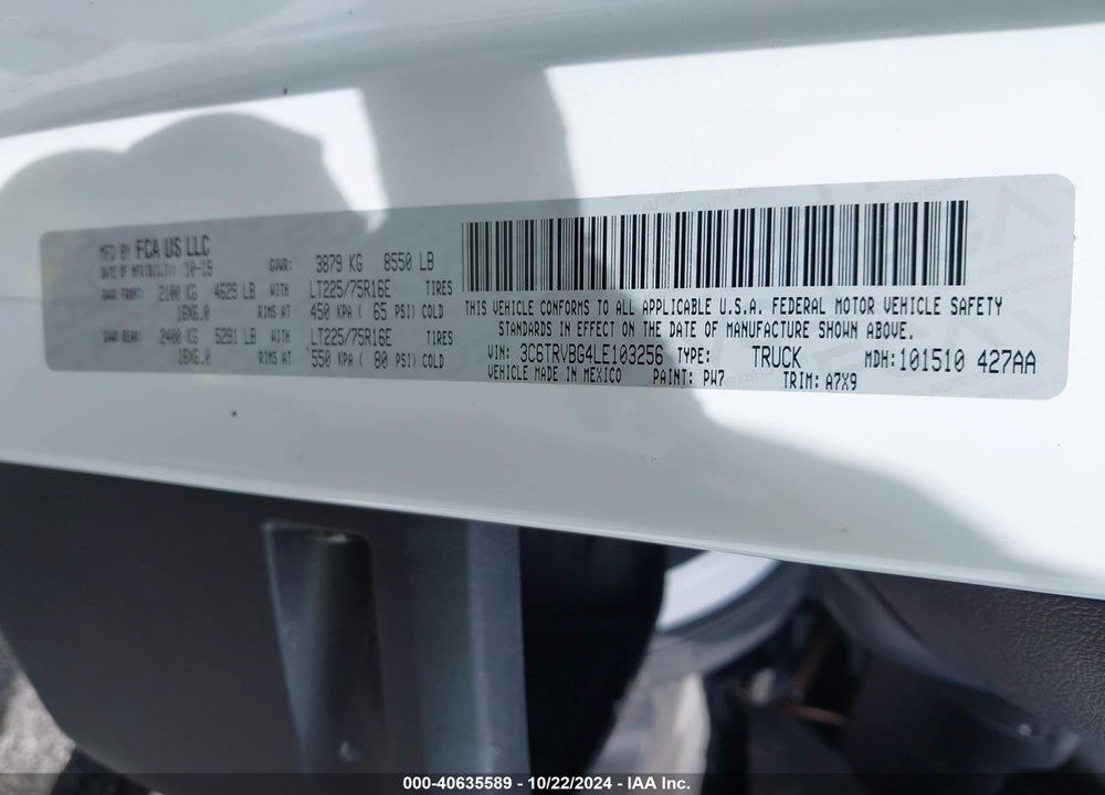 2020 RAM PROMASTER 1500 136 WB VIN: 3C6TRVBG4LE103256