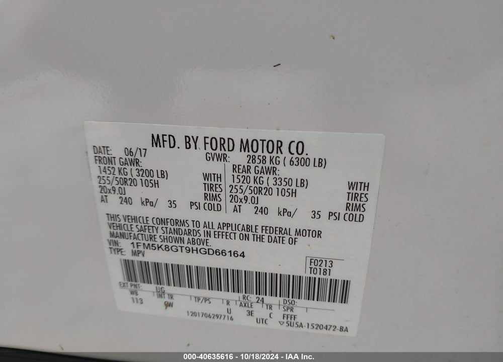 2017 FORD EXPLORER SPORT VIN: 1FM5K8GT9HGD66164