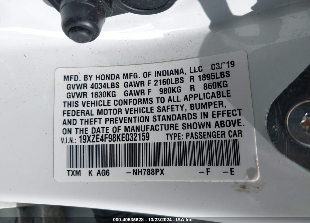 2019 HONDA INSIGHT TOURING VIN: 19XZE4F98KE032159