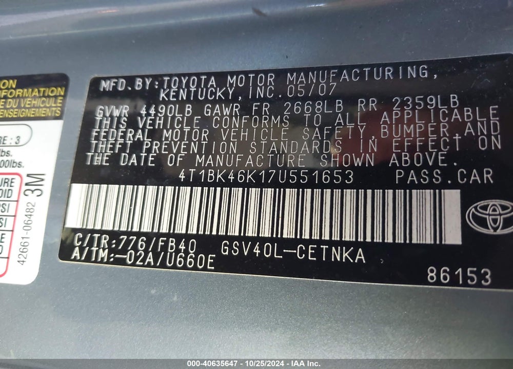 2007 TOYOTA CAMRY LE V6 VIN: 4T1BK46K17U551653