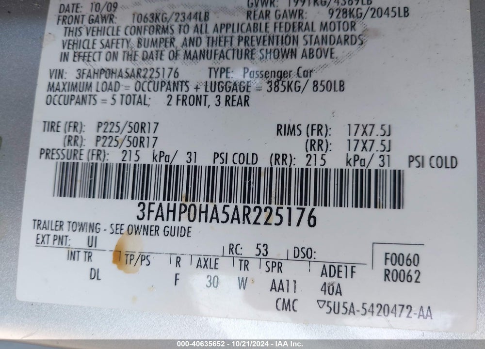 2010 FORD FUSION SE VIN: 3FAHP0HA5AR225176