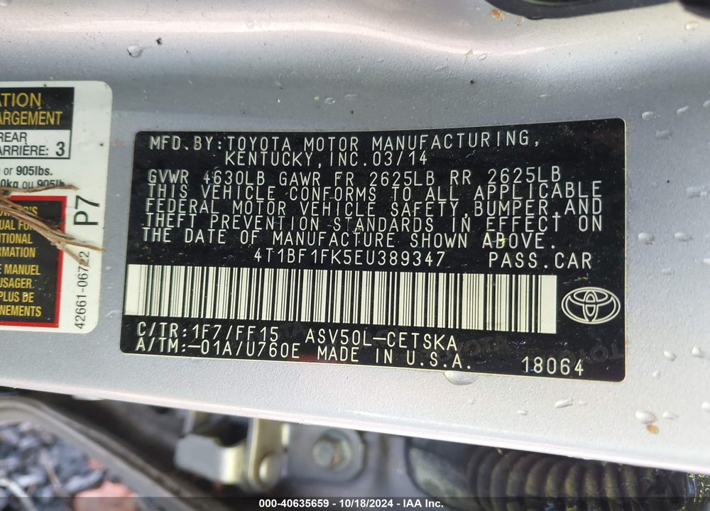 2014 TOYOTA CAMRY SE VIN: 4T1BF1FK5EU389347