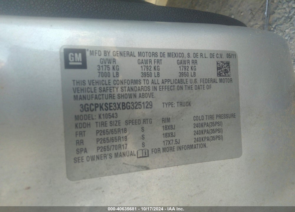 2011 CHEVROLET SILVERADO 1500 LT VIN: 3GCPKSE3XBG325129