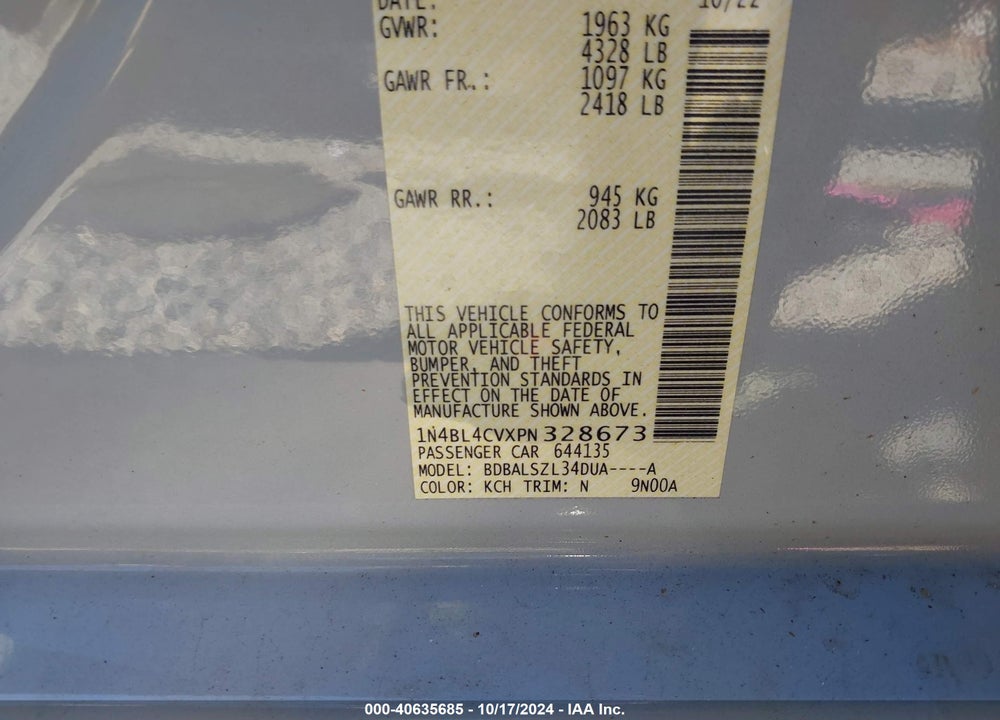 2023 NISSAN ALTIMA SR FWD VIN: 1N4BL4CVXPN328673