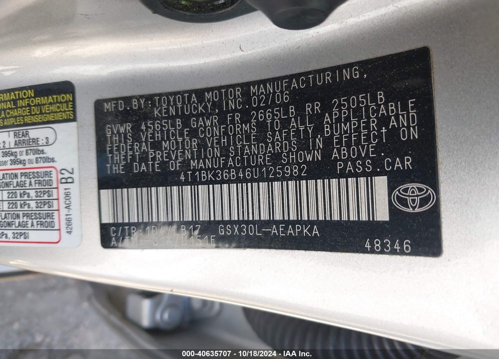 2006 TOYOTA AVALON LIMITED VIN: 4T1BK36B46U125982