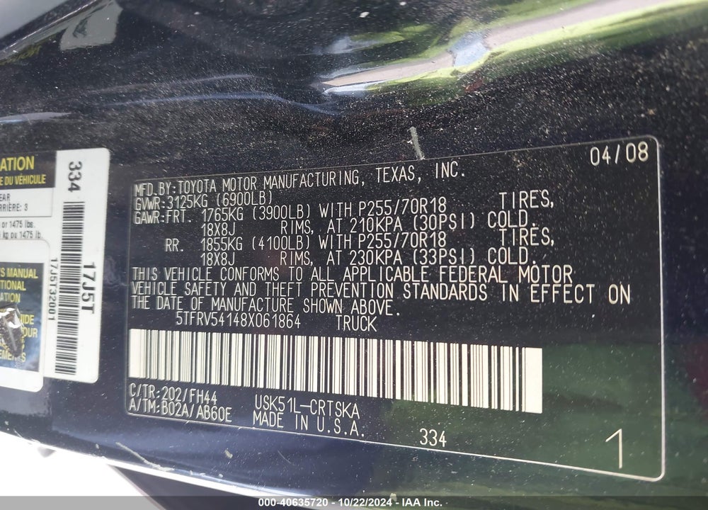 2008 TOYOTA TUNDRA SR5 5.7L V8 VIN: 5TFRV54148X061864
