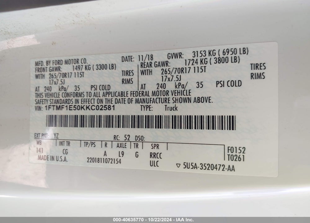 2019 FORD F-150 XL VIN: 1FTMF1E50KKC02581