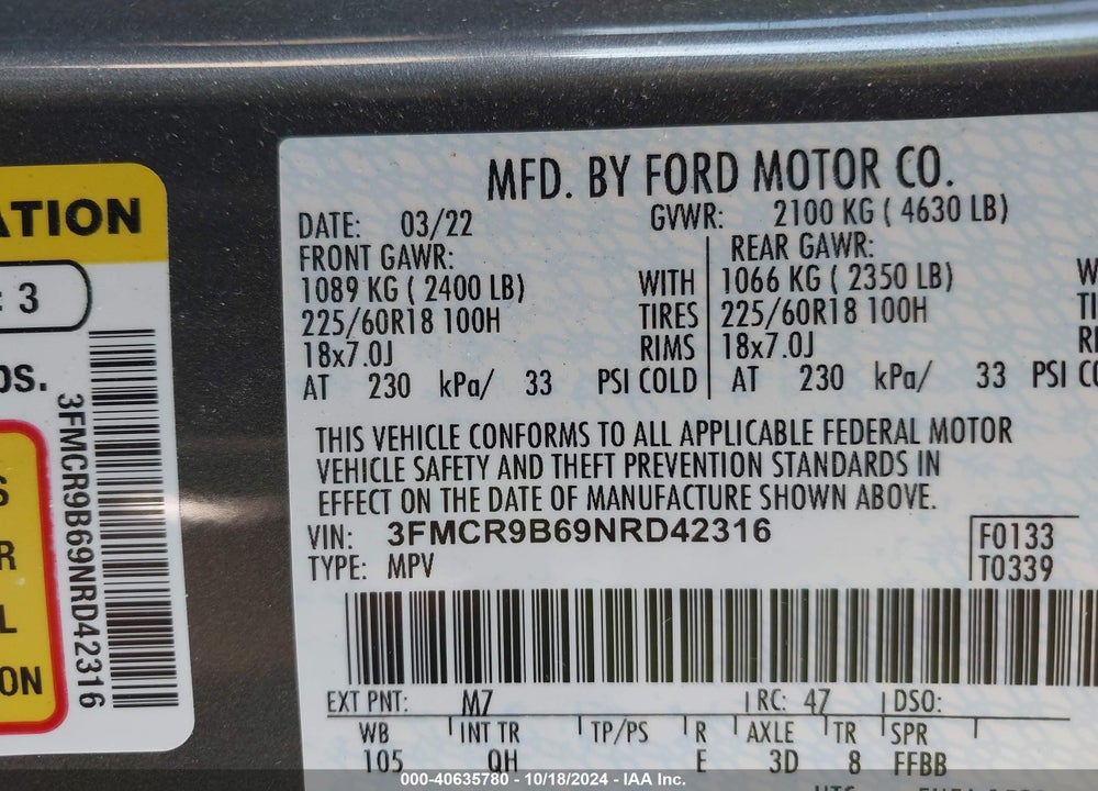 2022 FORD BRONCO SPORT BIG BEND VIN: 3FMCR9B69NRD42316