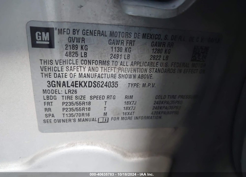 2013 CHEVROLET CAPTIVA SPORT LTZ VIN: 3GNAL4EKXDS624035