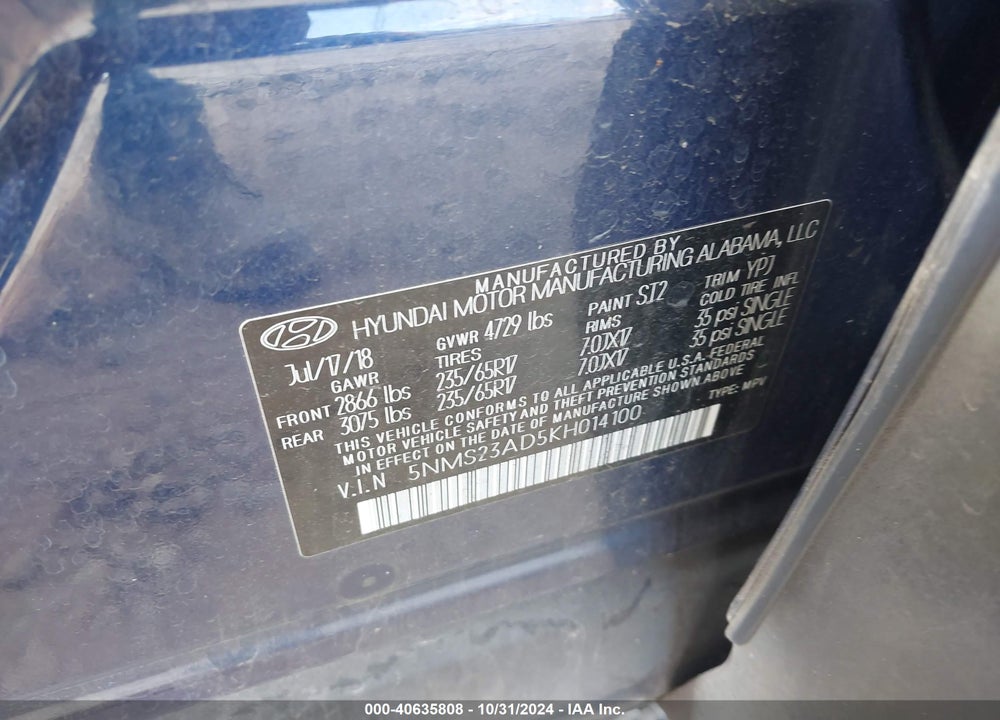 2019 HYUNDAI SANTA FE SE VIN: 5NMS23AD5KH014100