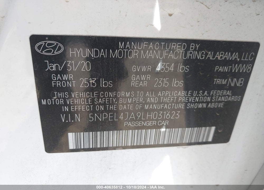 2020 HYUNDAI SONATA SEL VIN: 5NPEL4JA9LH031623