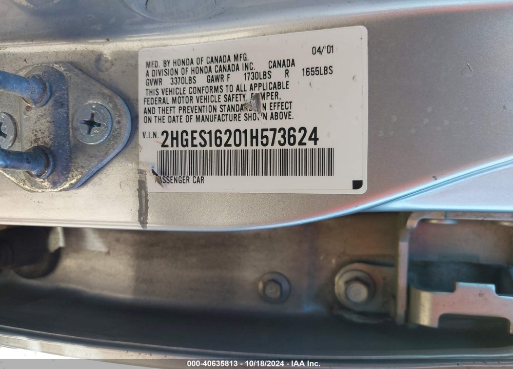 2001 HONDA CIVIC DX VIN: 2HGES16201H573624