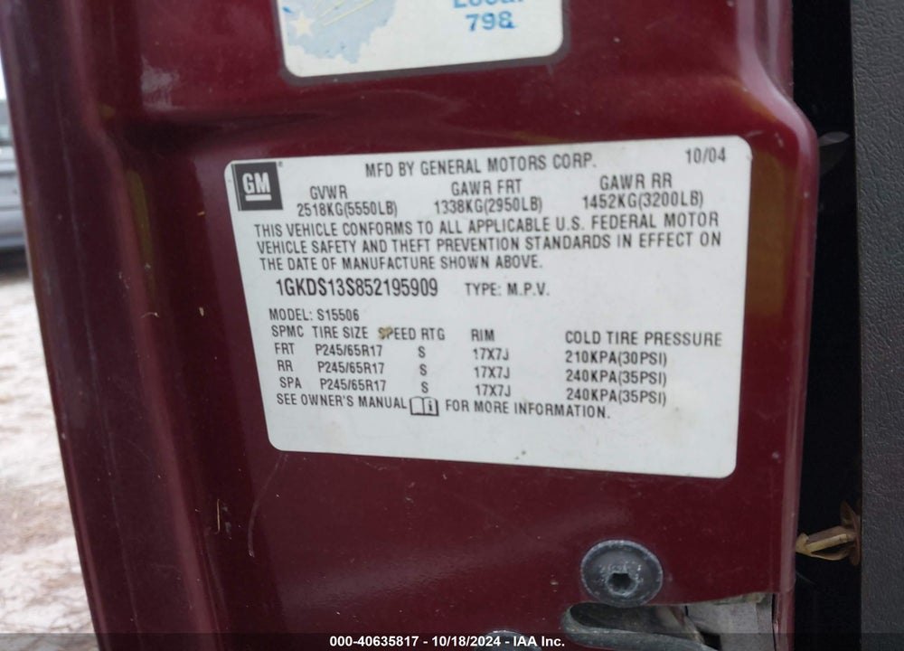 2005 GMC ENVOY SLE VIN: 1GKDS13S852195909