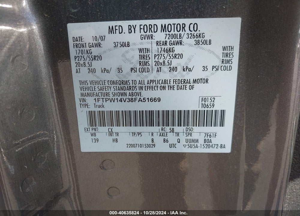 2008 FORD F-150 VIN: 1FTPW14V38FA51669
