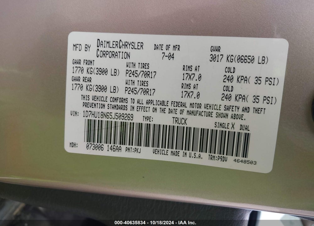 2005 DODGE RAM 1500 VIN: 1D7HU18N65J509269