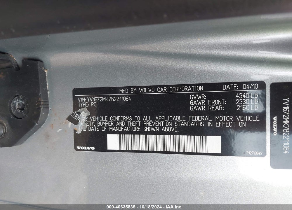 2011 VOLVO C30 T5/T5 R-DESIGN VIN: YV1672MK7B2211064