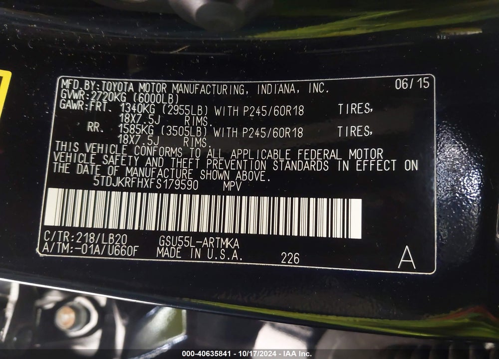 2015 TOYOTA HIGHLANDER XLE V6 VIN: 5TDJKRFHXFS179590